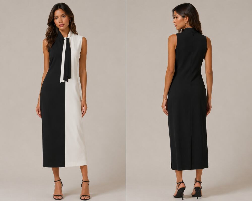 Cache Black White Color Block Midi Dress Bi Stretch Attached Scarf Tie Sz 12